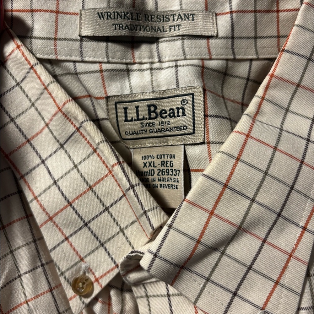 L.L. Bean Cream and Red Casual Button Down Shirt